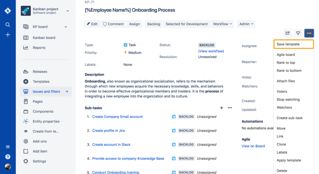 Improve employee onboarding with our Template from Jira Issue