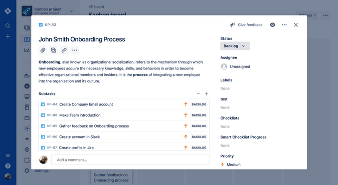 Onboarding Template Subtasks JIra