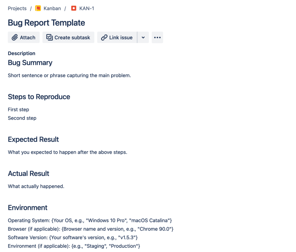 Our Jira Bug Report Template Example