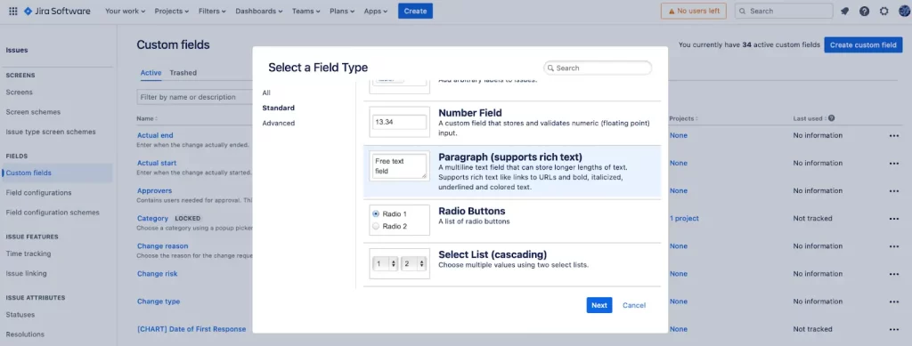 select a custom field type