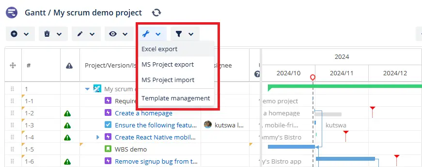 select the format in which you want to export your Gantt chart